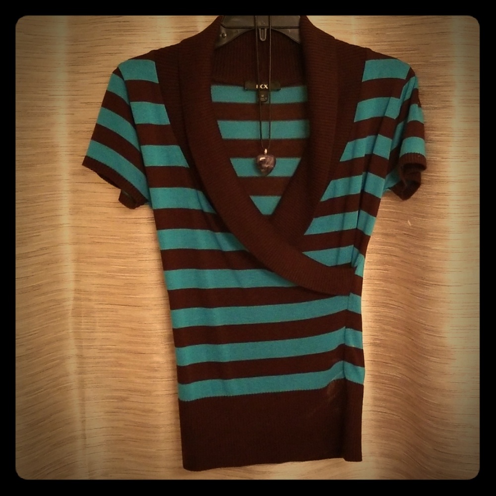 BCX turquoise and brown striped top